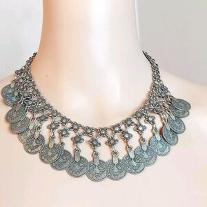Vintage Coin Necklace ASMR Belly Dance Collar Ethnic Flower Indian Silver